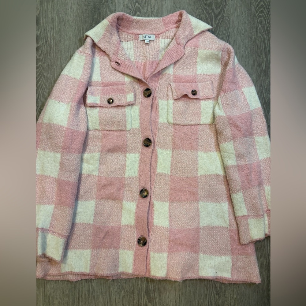 Pink and White Plaid Button-Up Coat